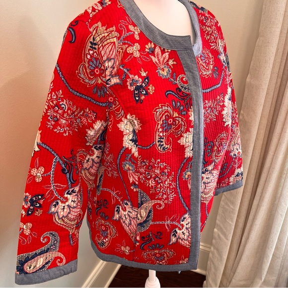 Talbots XL Petite Red Quilted Jacket floral Paisley Cottage Boho Cotton Chambray - Picture 2 of 9